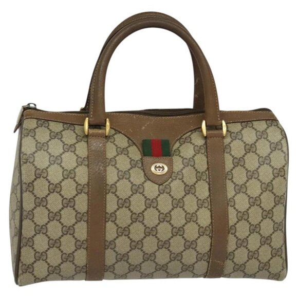 GUCCI GG Supreme Web Sherry Line Boston Bag PVC Beige Gold - Picture 1 of 15